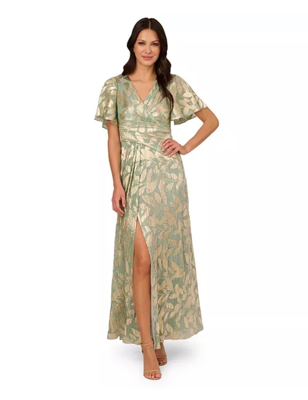 Adrianna Papell Foil Leaf Flutter Sleeve Draped Gown Formal Dress Gold Green EUC